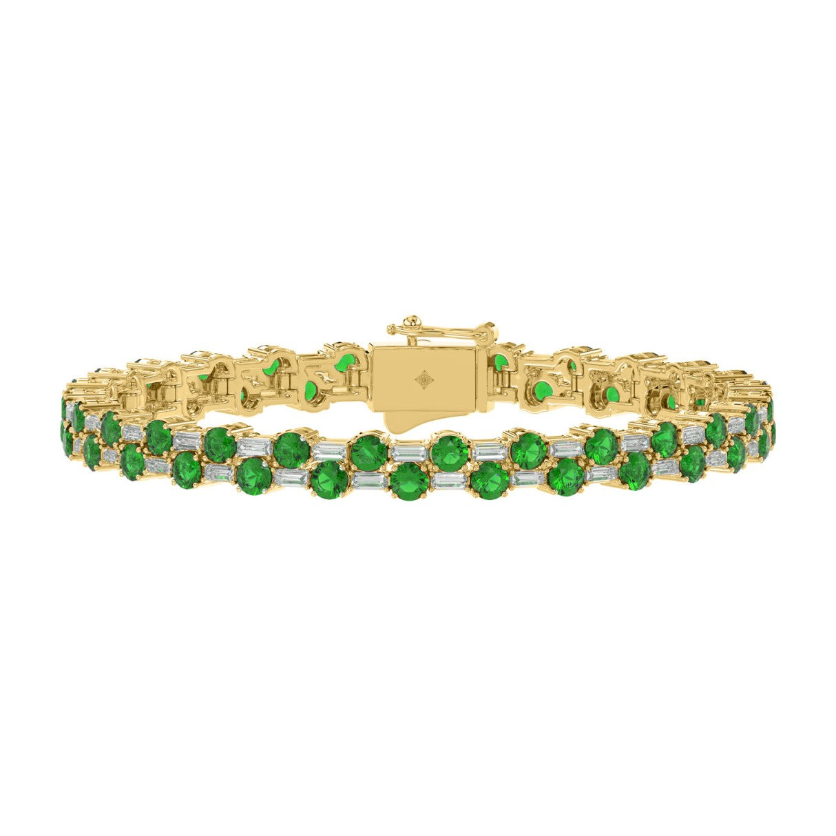 14K YELLOW GOLD 9.00CT BAGUETTE/ROUND DIAMOND LADIES BRACELET (GREEN EMERALD ROUND DIAMOND 7 7/8CT)