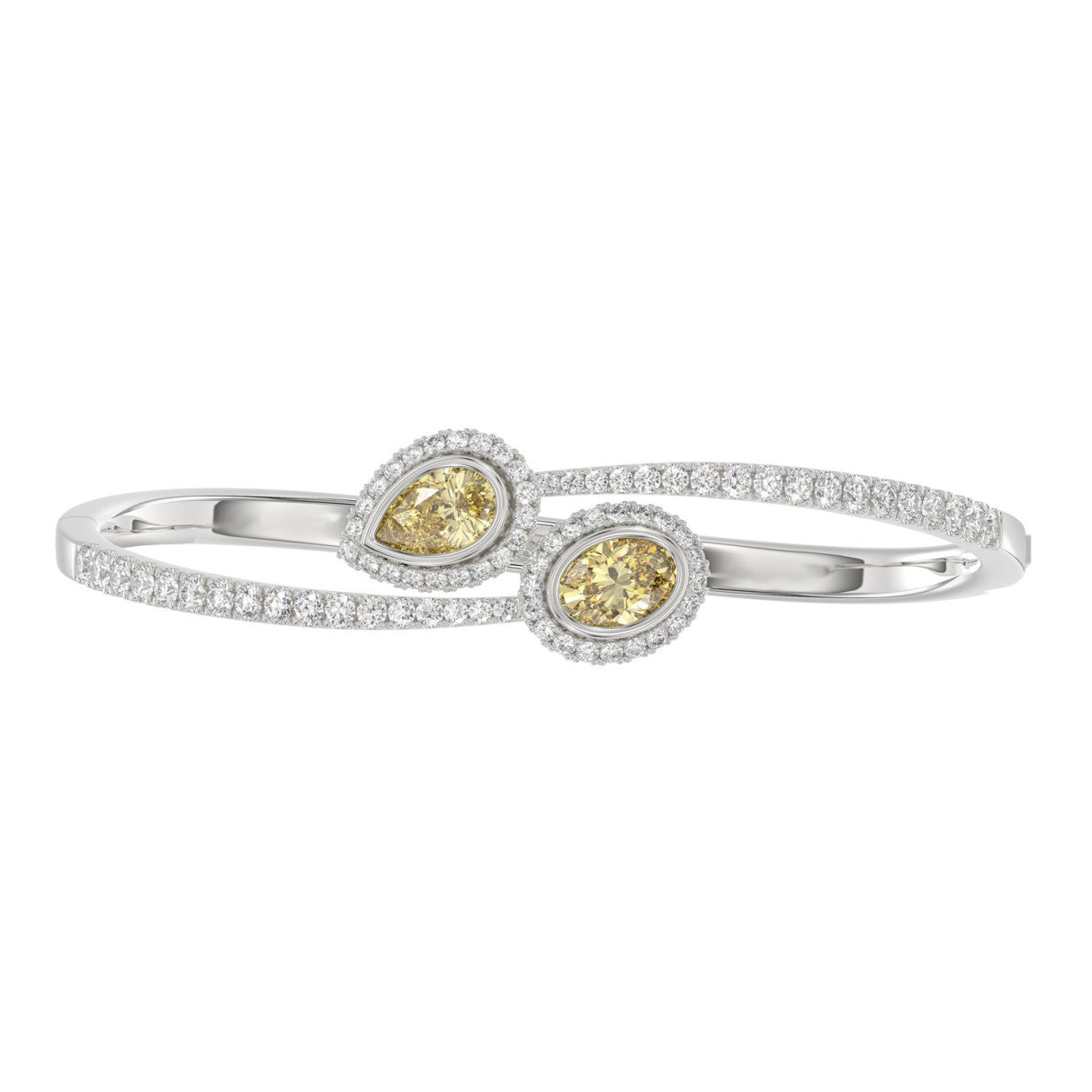 14K WHITE GOLD 3 1/2CT ROUND/OVAL/PEAR DIAMOND LADIES BANGLE (YELLOW PEAR/YELLOW OVAL DIAMOND)
