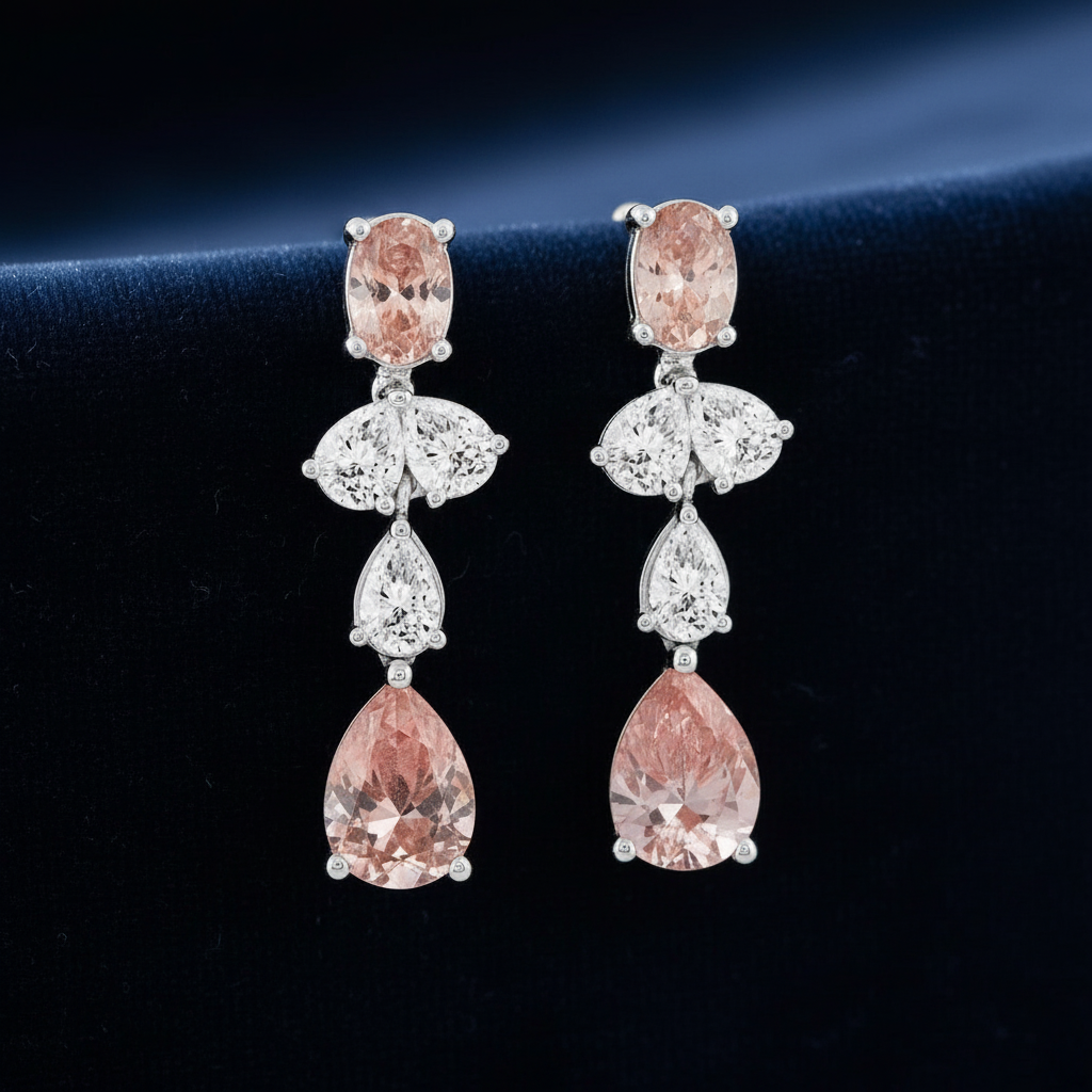 14K WHITE GOLD 3 1/2CT OVAL/PEAR DIAMOND LADIES EARRINGS (PINK PEAR DIAMOND)