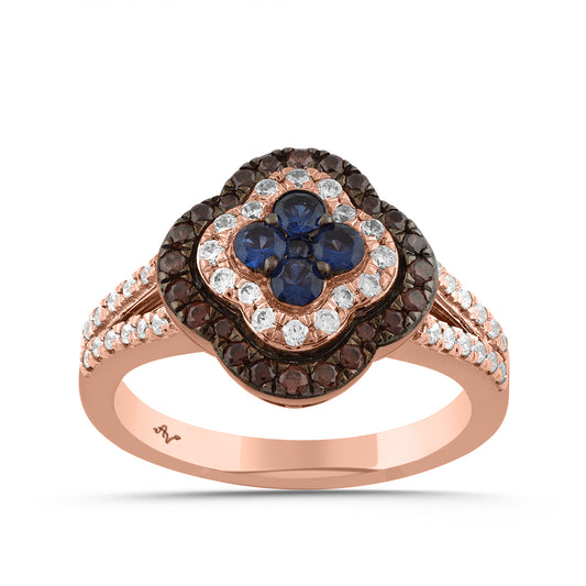 LADIES RING 0.75CT ROUND/BLUE SAPPHIRE/DARK BROWN DIAMOND 14K ROSE GOLD