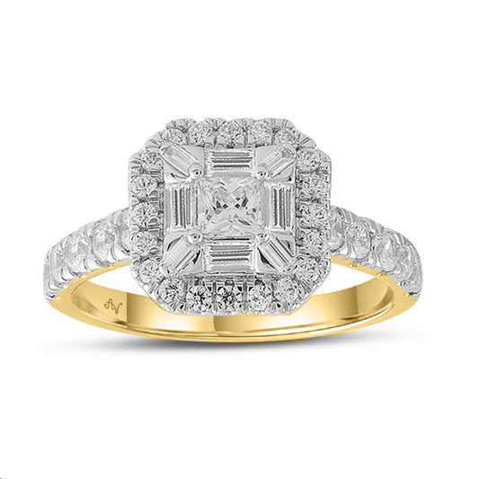 LADIES RING 1.00CT ROUND/BAGUETTE DIAMOND 14K YELLOW GOLD (CENTER STONE 0.25CT PRINCESS DIAMOND)