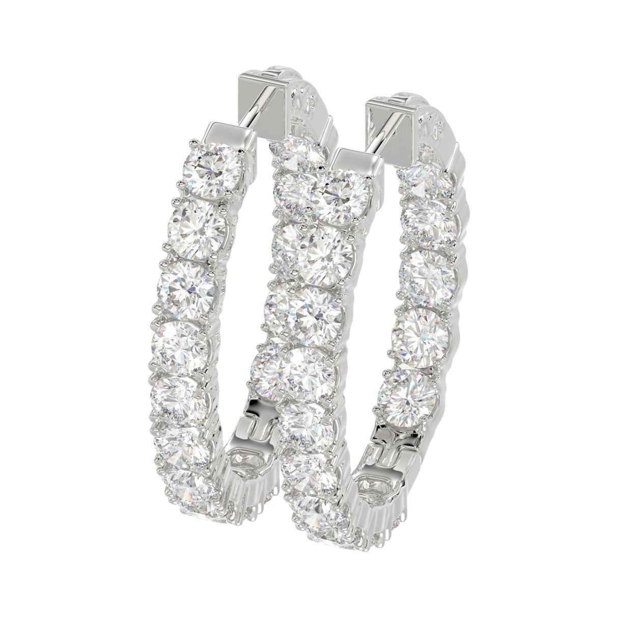 LADIES HOOP EARRINGS 7CT ROUND DIAMOND 14K WHITE GOLD