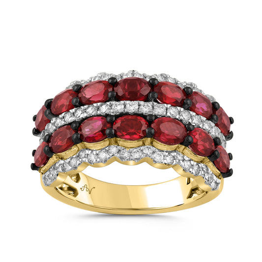 LADIES RING 3.75CT ROUND/RUBY/OVAL DIAMOND 14K YELLOW GOLD (CENTER STONE 3.20CT RUBY DIAMOND)