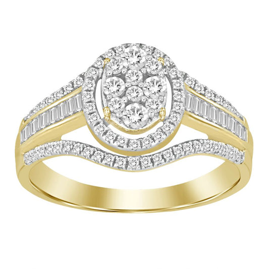 LADIES FASHION RING 0.50CT ROUND/BAGUETTE DIAMOND 10K YELLOW GOLD