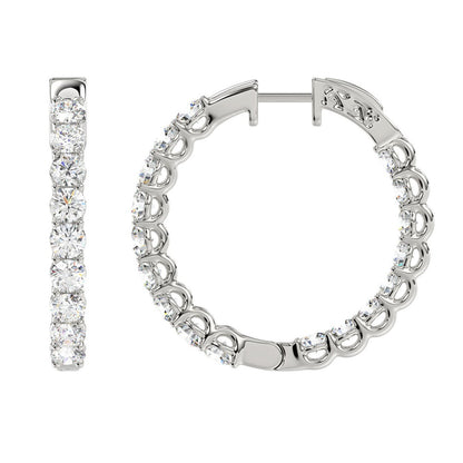 LADIES HOOP EARRINGS 5CT ROUND DIAMOND 14K WHITE GOLD