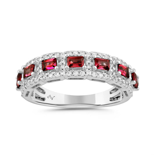 LADIES RING 1.50CT ROUND/RUBY/BAGUETTE DIAMOND 14K WHITE GOLD (CENTER STONE 1.13CT RUBY DIAMOND)