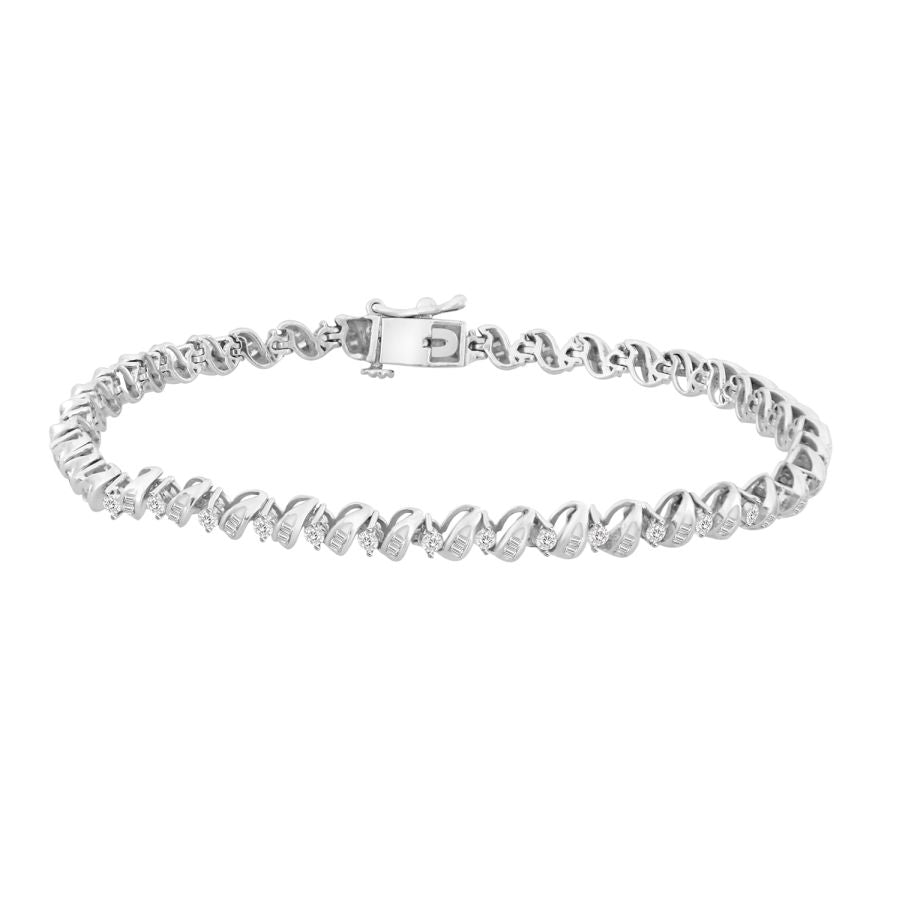 LADIES BRACELET 0.50CT ROUND/BAGUETTE DIAMOND 10K WHITE GOLD