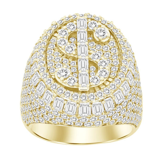 MEN'S RING 7.70CT ROUND/EMERALD DIAMOND 14K YELLOW GOLD