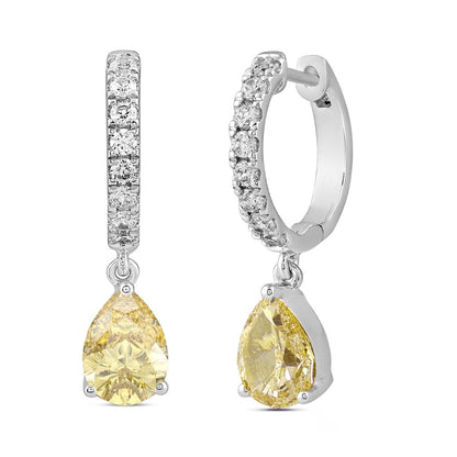 14K WHITE GOLD 2.00CT ROUND/YELLOW PEAR DIAMOND LADIES HOOP EARRINGS