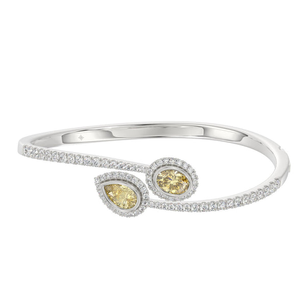 14K WHITE GOLD 3 1/2CT ROUND/OVAL/PEAR DIAMOND LADIES BANGLE (YELLOW PEAR/YELLOW OVAL DIAMOND)