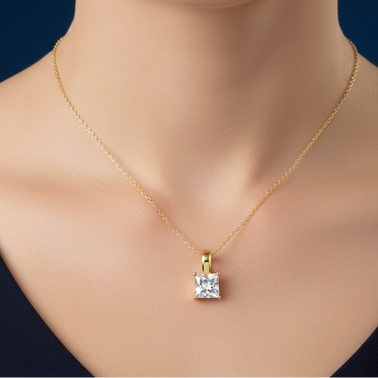LADIES SOLITAIRE PENDANT WITH CHAIN 2 1/2CT PRINCESS DIAMOND 14K YELLOW GOLD