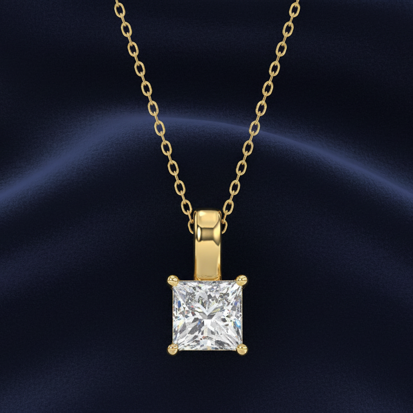LADIES SOLITAIRE PENDANT WITH CHAIN 2 1/2CT PRINCESS DIAMOND 14K YELLOW GOLD