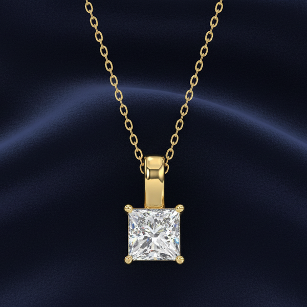 LADIES SOLITAIRE PENDANT WITH CHAIN 2 1/2CT PRINCESS DIAMOND 14K YELLOW GOLD